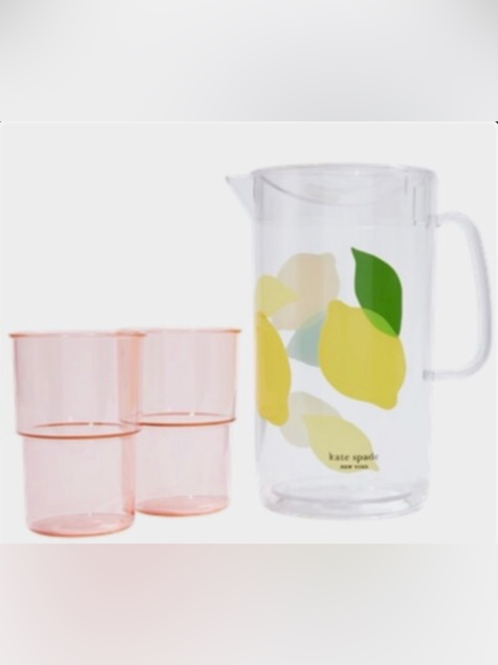Kate Spade Lemon Acrylic Pitcher with 2 Cups - NIP